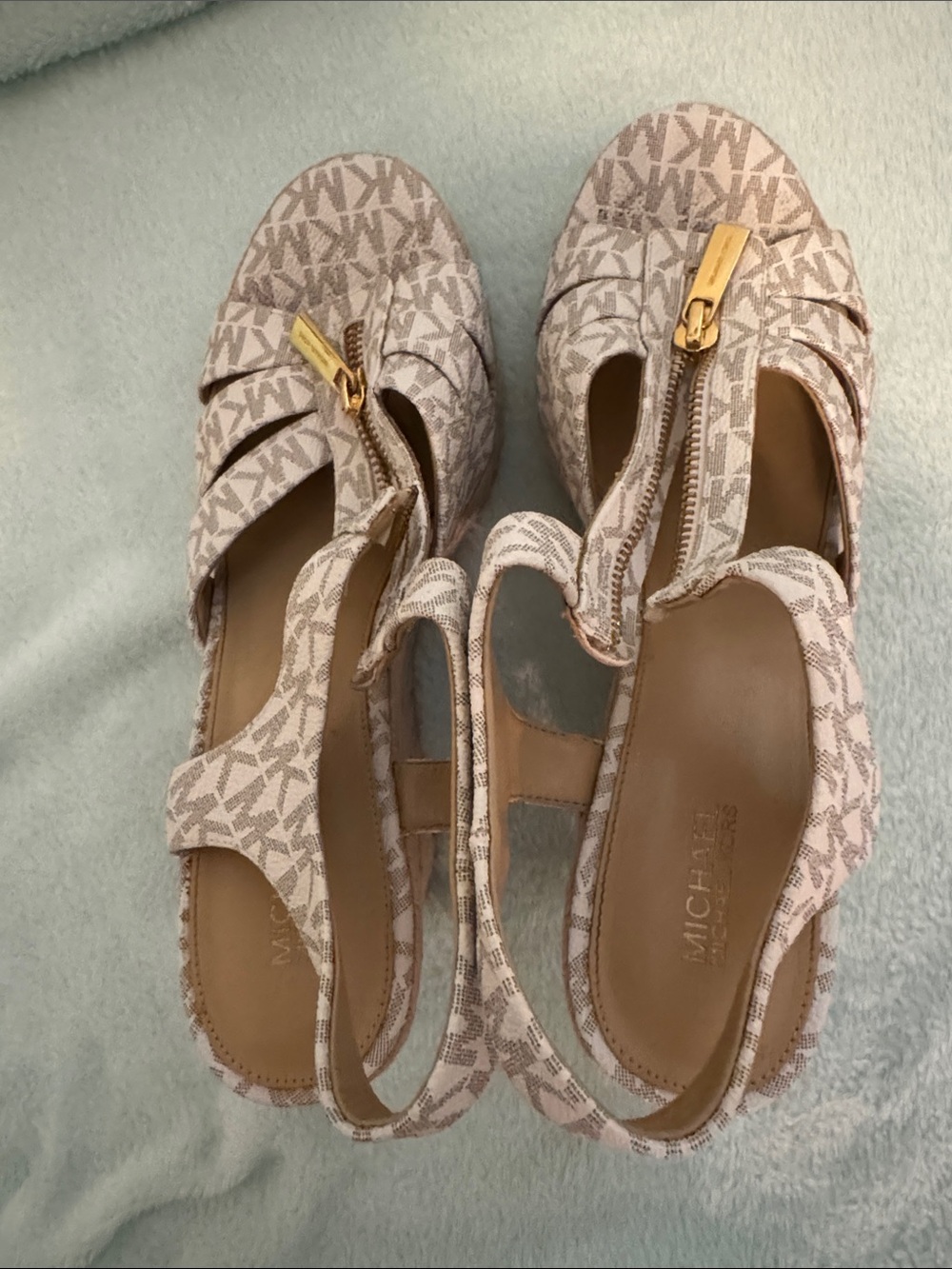 Michael Kors Beige/Pink Logo Slingback Wedge Sandals with Gold Zip Accent